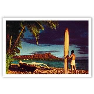 Surfer, Outrigger at Diamond Head, Honolulu, Hawaii   Vintage Hawaiian 