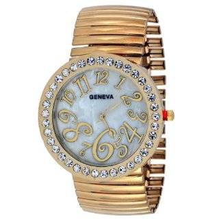 Geneva Womens Gold Jumbo Stretch Band Watch with Baguette Stones 
