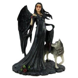 Gothic Raven Winged Fairy W/ Wolf Statue Dark Angel