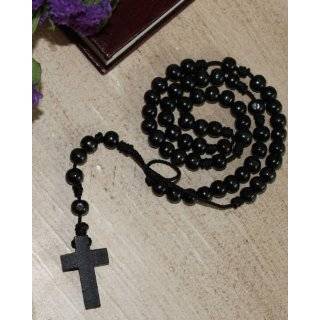 Black Wood Rosary Necklace with Round Beads and Cross