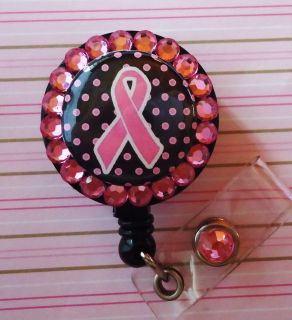 Breast Cancer Pink Ribbon Bling ID Reel Badge Holder