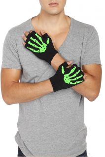 Black Green Glow In The Dark Skeleton Fingerless Gloves