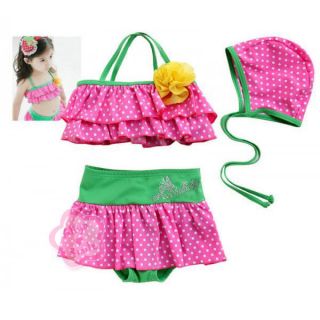 Sz 1 7 Years Pink Flower Polka Dots Girl Ruffle Layers Swimsuit Kid Swimwear