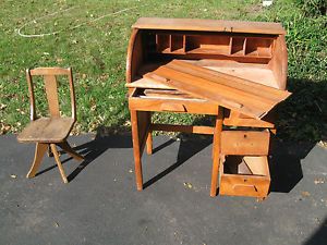 Antique Childs Roll Top Desk And Matching Chair Needs Assembly