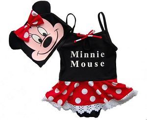 New Cute Girls Toddler Kids Disney Minnie Mouse Skirt Swimsuits Set w Cap 2 6T