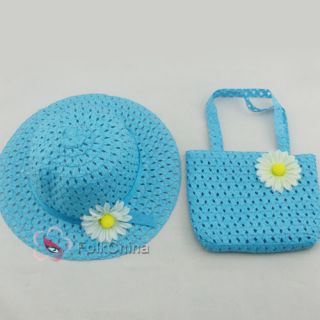 Lovely Kids Girls Children Straw Sun Hat Cap and Cute Straw Handbag Set