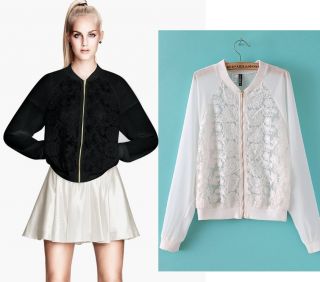 Womens Fashion V Neck Flower Lace Hollo Zip Long Sleeve Slim Coat Jacket B4183