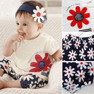 3pcs Set Baby Girls Flower Headband Tops Pants Shorts Outfits Clothes 0 3 Year