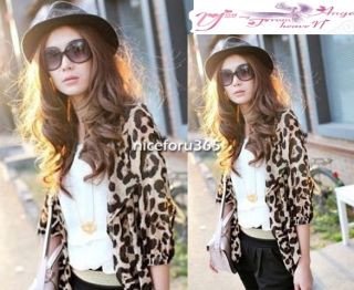 N4U8 Hot Sexy Women Clothing Leopard Chiffon Tunic Sleeve Cardigan Blouse Tops