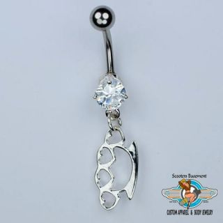 Heart Brass Knuckles Belly Ring CZ Brass Knuckles Dangle Navel Ring 14g B35