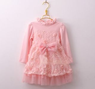 1pc Lace Rose Long Sleeve Kids Baby Girls Kids Party Formal Dress Outfit Clothes