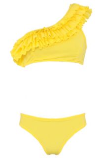 Ladies Teens One Shoulder Yellow Frill Frilly Ruffle Bikini Swimsuit Swimwear BN