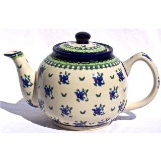 Hand Painted Fine Polish Pottery 5 Cup Teapot Cobalt with Green Border