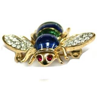 Gold Plated Cubic Zirconia Blue and Green Bee Pin   Bumble Bee Brooch