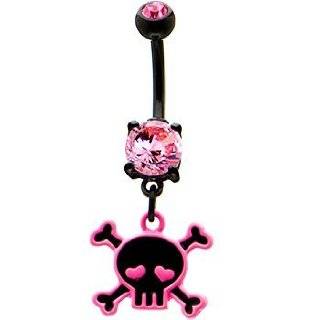  Pink Black Skull and Crossbones Belly Ring: Jewelry